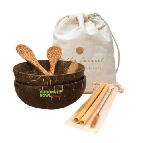 Coconut Bowl Wood Spoons And Bamboo Straw Set (NCB-0026)