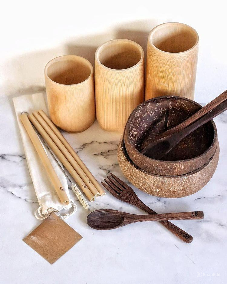 bamboo straw, cup, wooden spoon